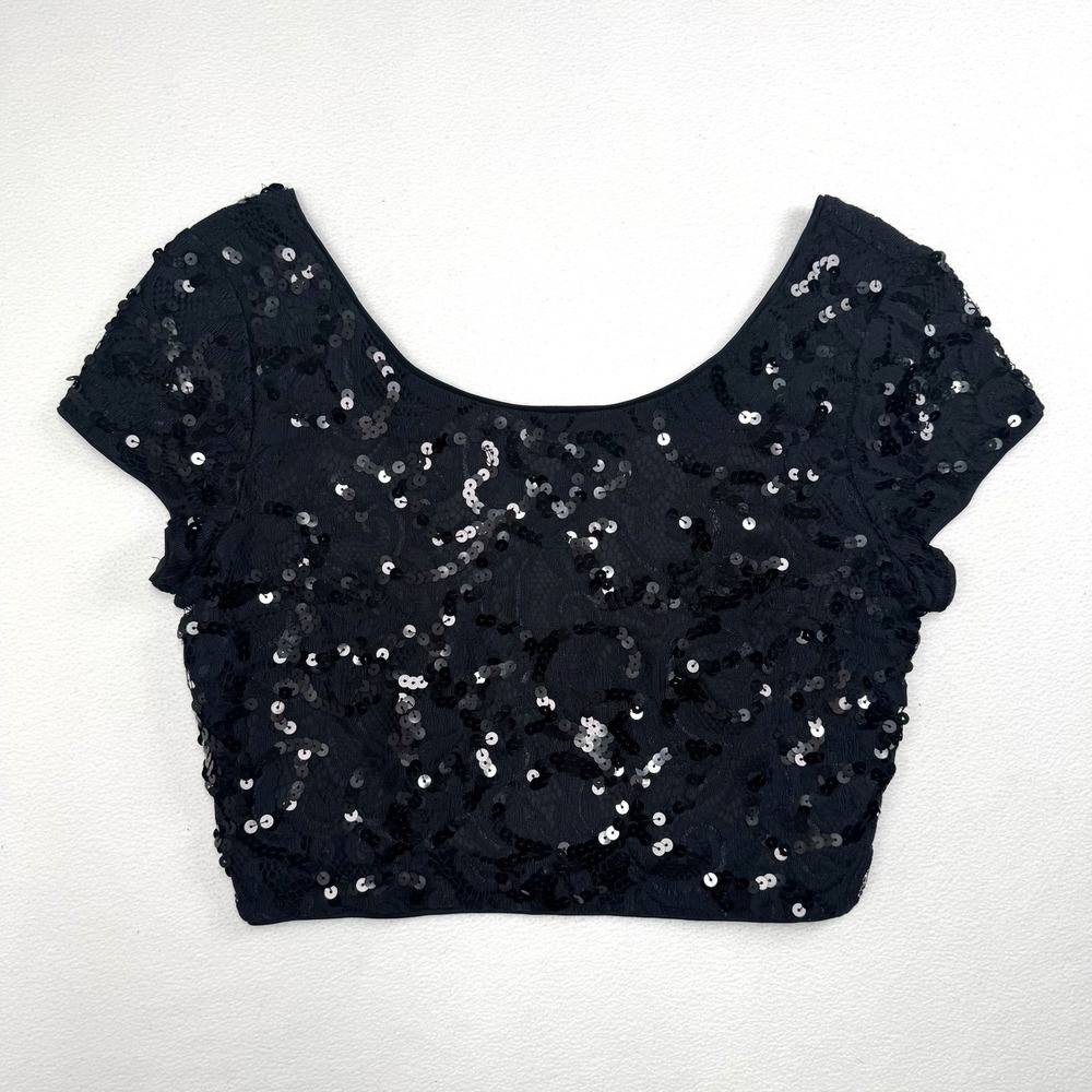 Express Black Sequin Lace Crop Top Womens Small Short Sleeve Scoop‎ Neck Party